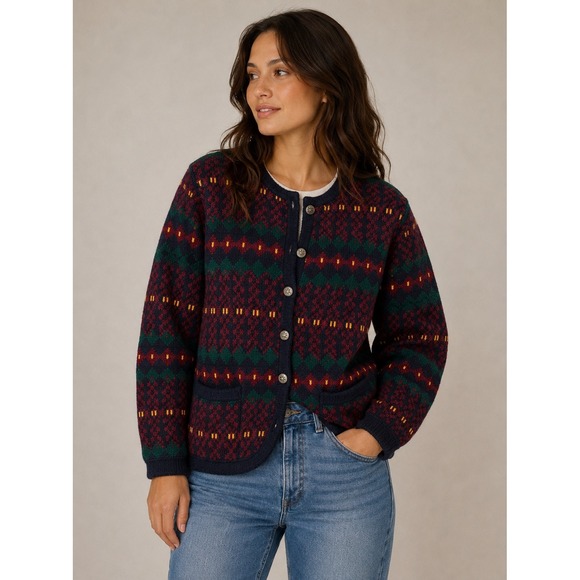 Tally-Ho Sweaters - Tally-Ho Vintage Geometric Fair Isle Cardigan Sweater Burgundy Green Navy Small